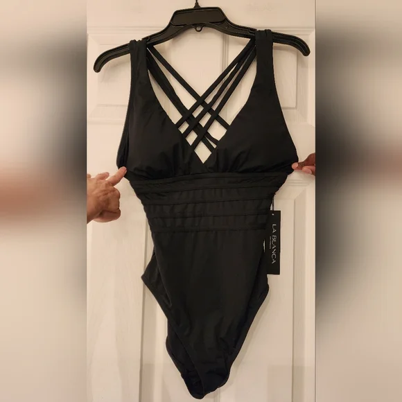 La Blanca Island Goddess Multi-Strap Cross-Back One Piece - Black Sz 6